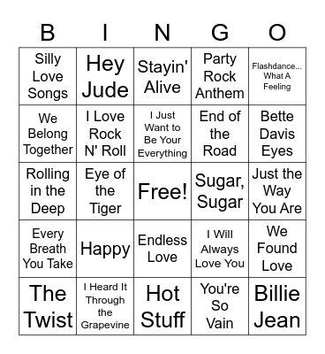 Billboard Greatest All Time Hot 100 Songs Bingo Card