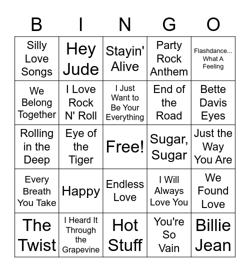 Billboard Greatest All Time Hot 100 Songs Bingo Card