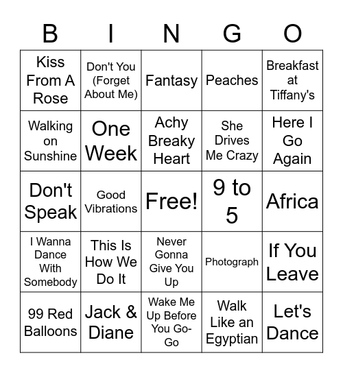 80s and 90s Bingo Card