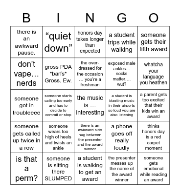 honors day Bingo Card
