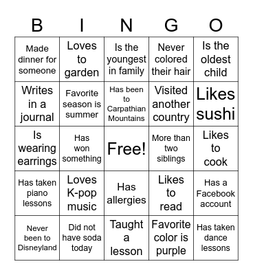 Get to Know You Bingo Card