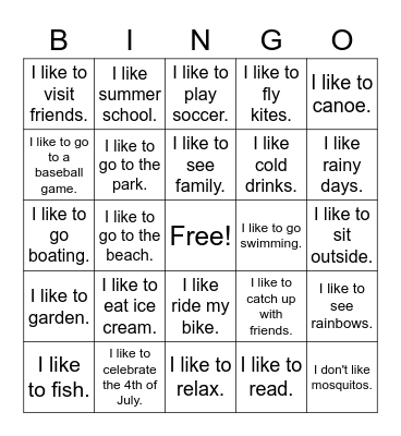 I like to...    I don't like to.... Bingo Card