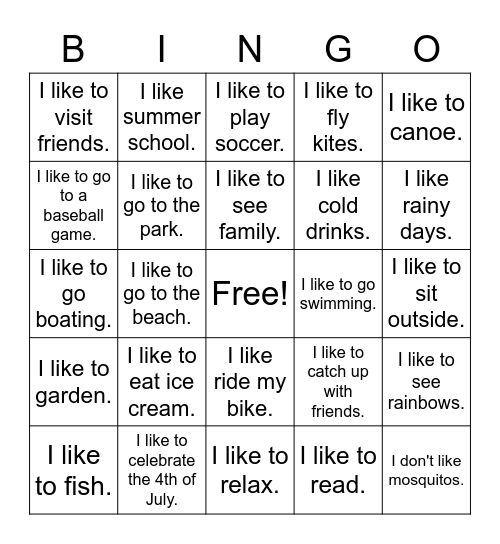 I like to...    I don't like to.... Bingo Card