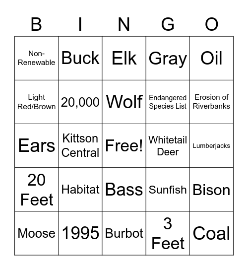 MN Wildlife/Mammals/Fish Bingo Card