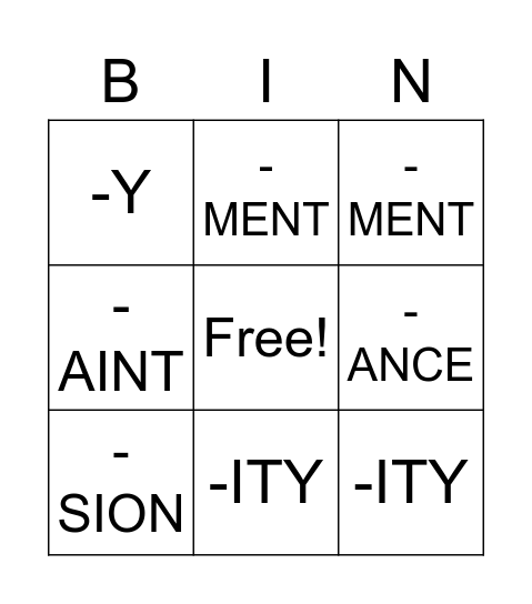 Noun Suffix Bingo Card