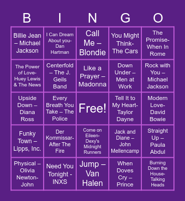 80s Songs Bingo Card