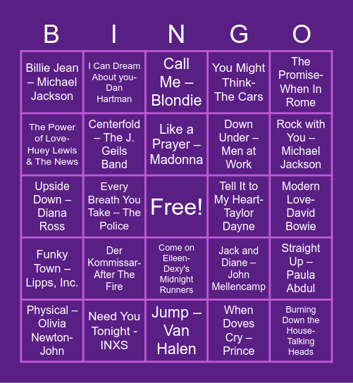 80s Songs Bingo Card