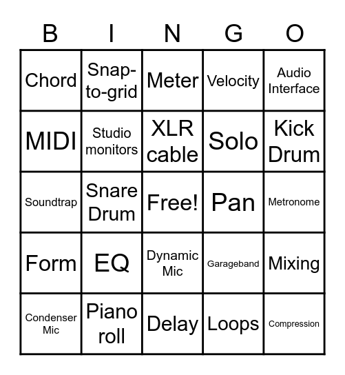 Music Production Terms  5x5 Bingo Card