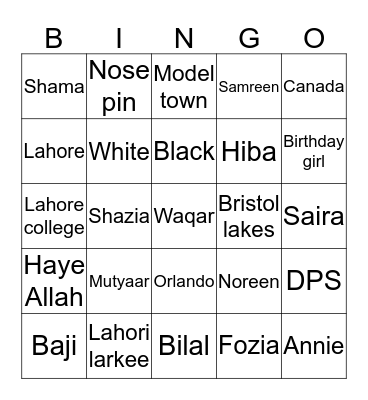 Noreen"s Birthday  Bingo Card