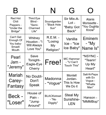 90's Hit Songs Bingo Card
