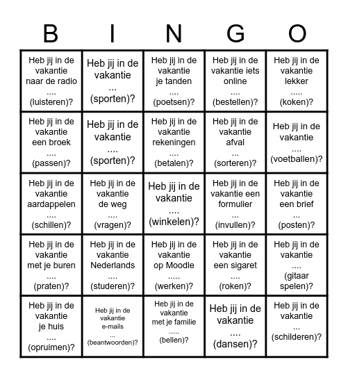 Wat heb jij in de vakantie gedaan? Bingo Card