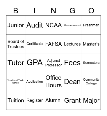 College Terms Bingo Card