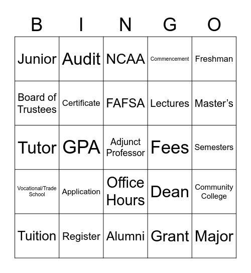 College Terms Bingo Card