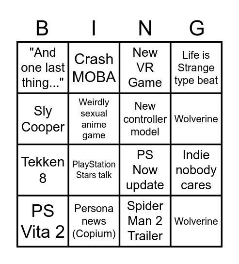 PlayStation State of Play Bingo Card
