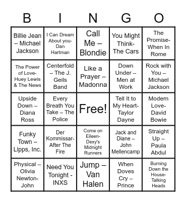 80s Songs Bingo Card