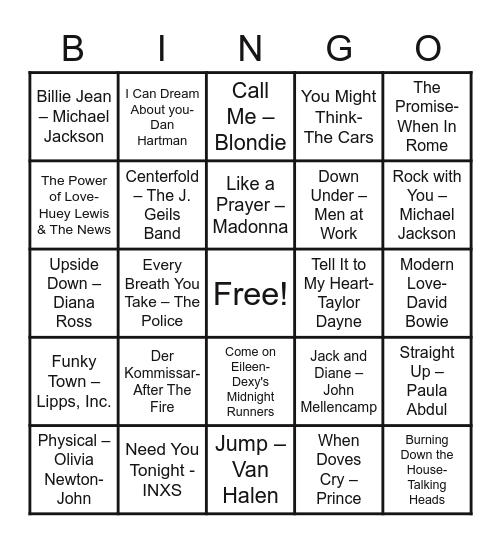 80s Songs Bingo Card