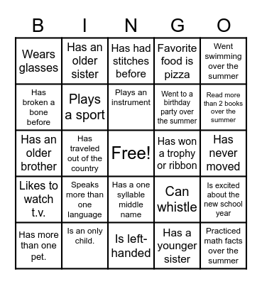 Back to School Bingo Card