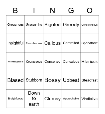 Personality Traits Bingo Card