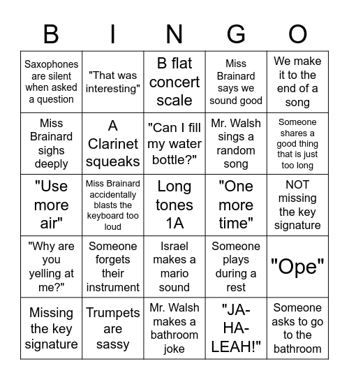 8th Grade Band Bingo Card