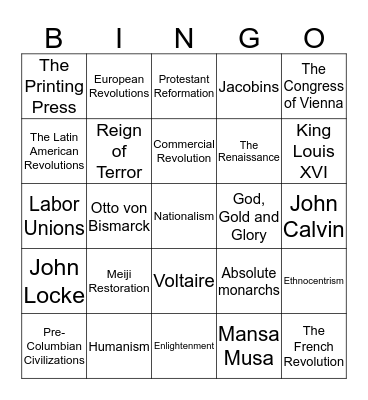 10th Grade Global Final Exam Bingo Card