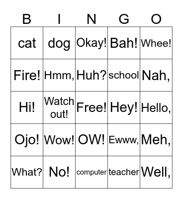 Interjections Bingo Card