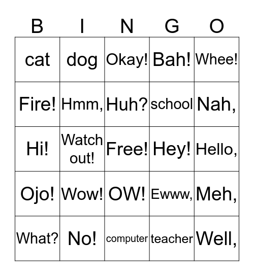 Interjections Bingo Card