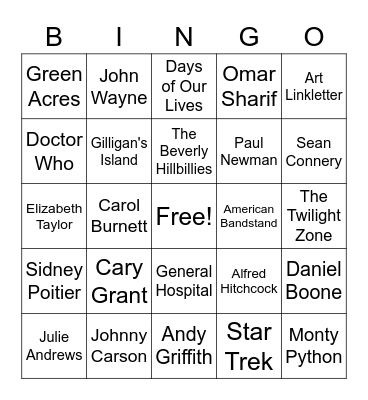 1960's TV Shows and Actors Bingo Card