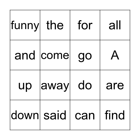 Sight Word Bingo Card