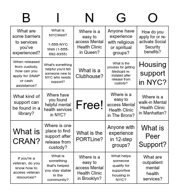 Community Resources Bingo Card