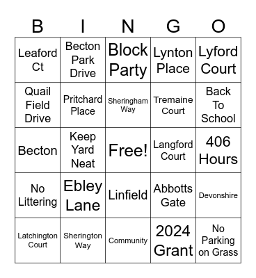 Lynton Place Bingo Card