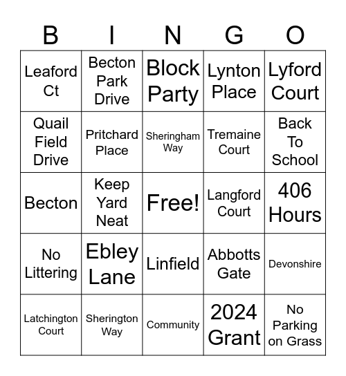 Lynton Place Bingo Card