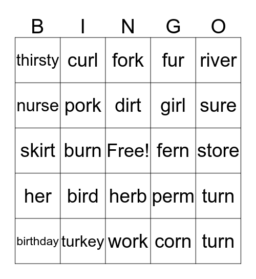 Er, Ir, Ur word   -  BINGO Card