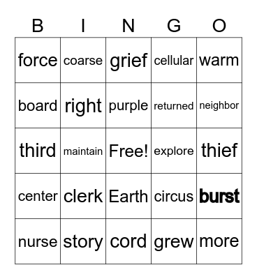 /er/ /or/ words Bingo Card