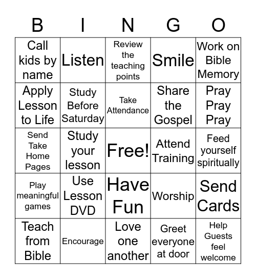 Sunday School Volunteer Bingo Card