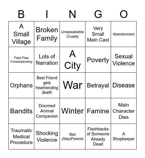 Misery Bingo Card