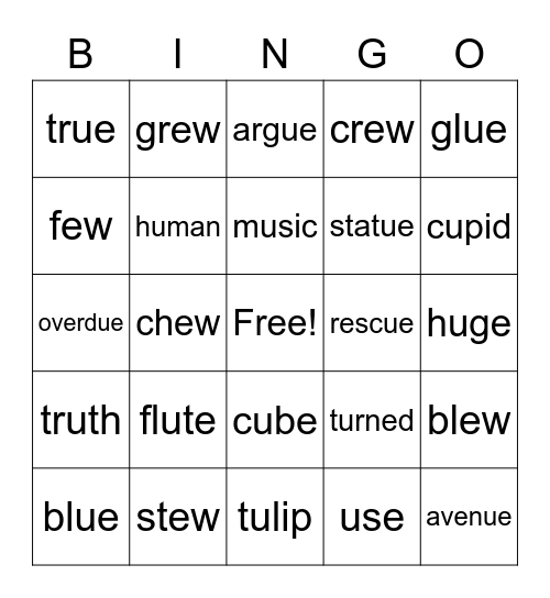 Long u Words Bingo Card