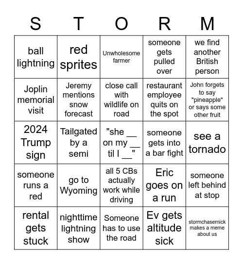 Storm Chase Bingo 2023 Bingo Card