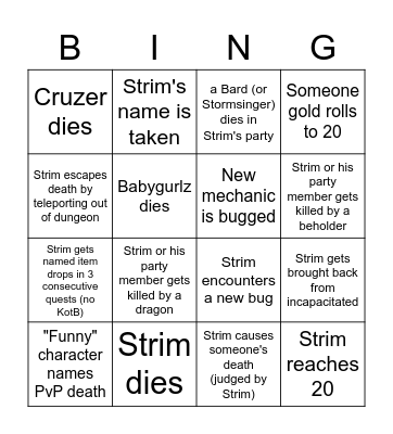 DDO HC bingo Strimstream Bingo Card