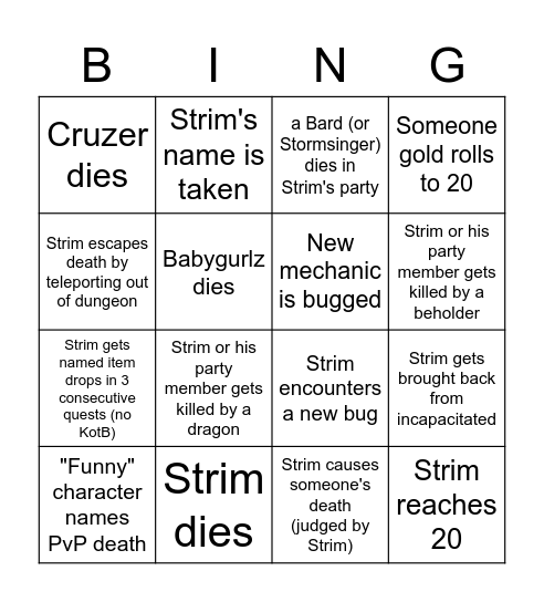 DDO HC bingo Strimstream Bingo Card