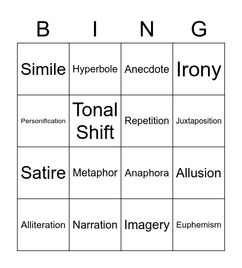 Rhetorical Devices Bingo Card