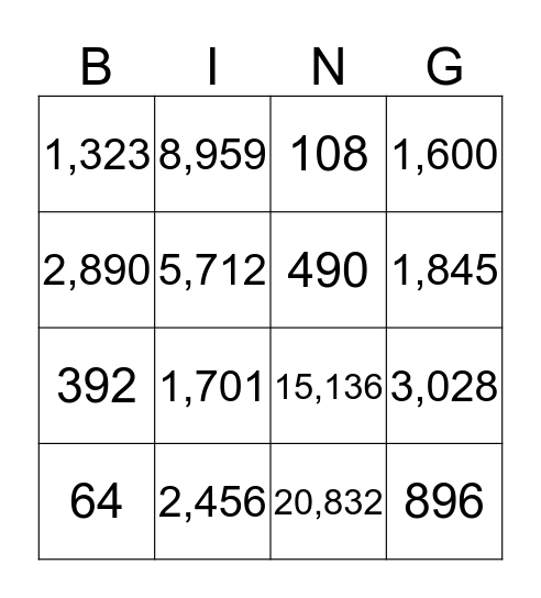 Multi-digit Multiplication BINGO Card