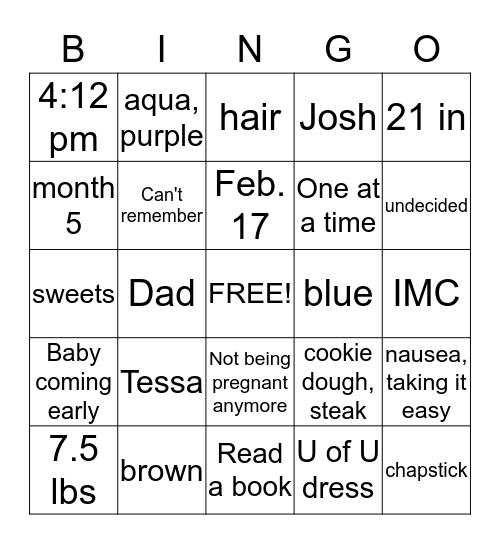 BABY! Bingo Card