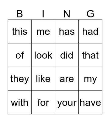 Sight Words Bingo Card