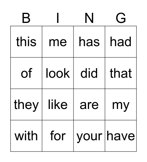 Sight Words Bingo Card