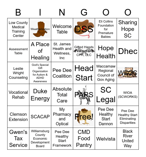 Waccamaw EOC's 2023 Wild Wild West Community Action Awareness Day (You must visit ALL Vendor Tables before heading outside to CMD Food Pantry) Name:________________________ Bingo Card
