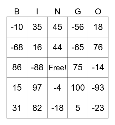 Absolute Value Bingo Card