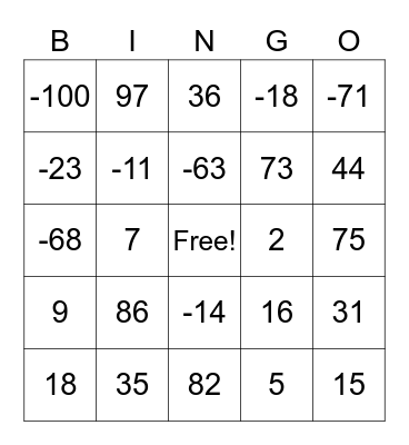 Absolute Value Bingo Card
