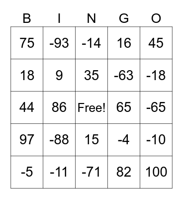 Absolute Value Bingo Card