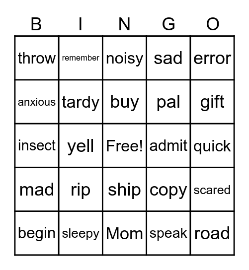 Synonyms Bingo Card