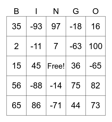 Absolute Value Bingo Card